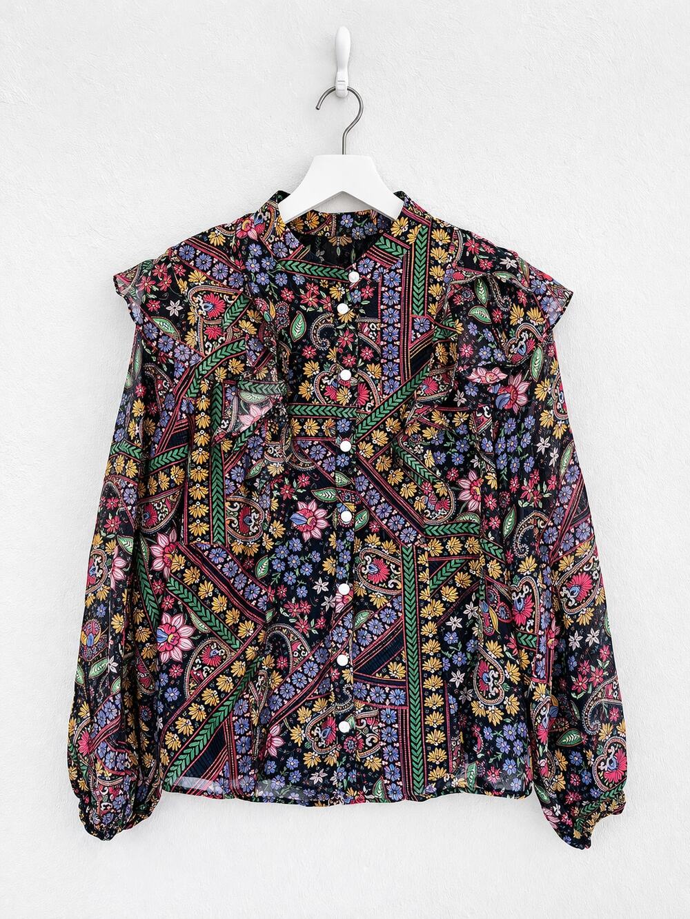 Fate Black Paisley Ruffle Blouse M Whimsygoth Boho Floral